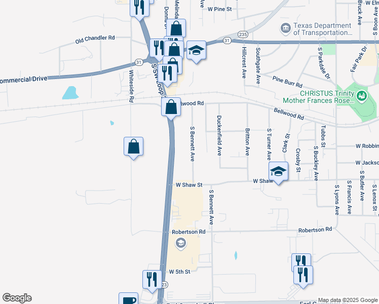 map of restaurants, bars, coffee shops, grocery stores, and more near 1019 South Bennett Avenue in Tyler