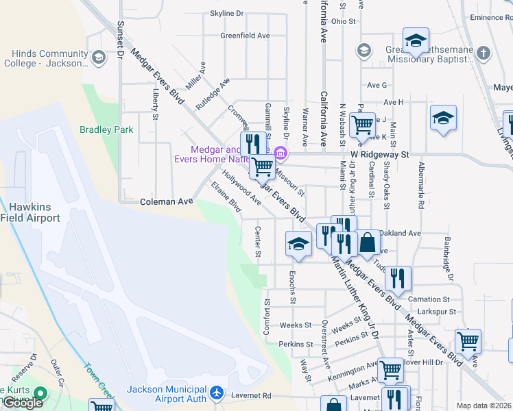 map of restaurants, bars, coffee shops, grocery stores, and more near 3541 Hollywood Avenue in Jackson