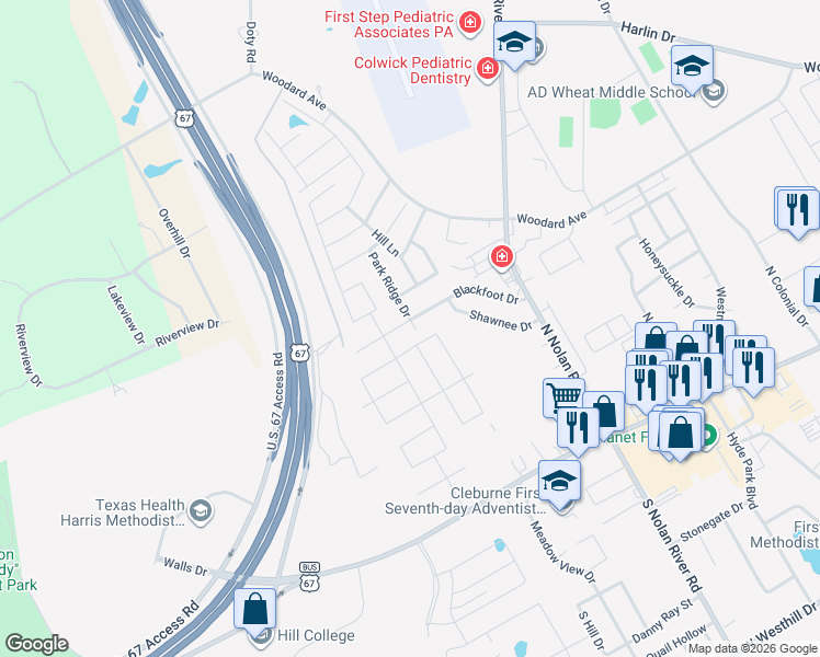 map of restaurants, bars, coffee shops, grocery stores, and more near 1801 Blackfoot Drive in Cleburne