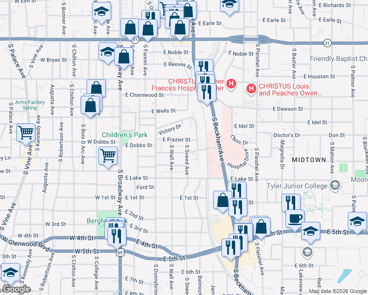 map of restaurants, bars, coffee shops, grocery stores, and more near 903 South Sneed Avenue in Tyler