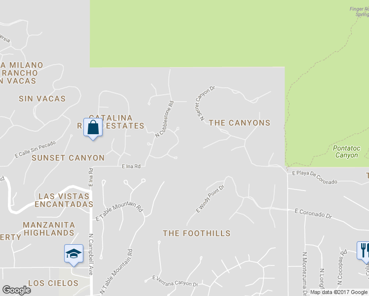 map of restaurants, bars, coffee shops, grocery stores, and more near 7288 North Cathedral Rock Road in Tucson