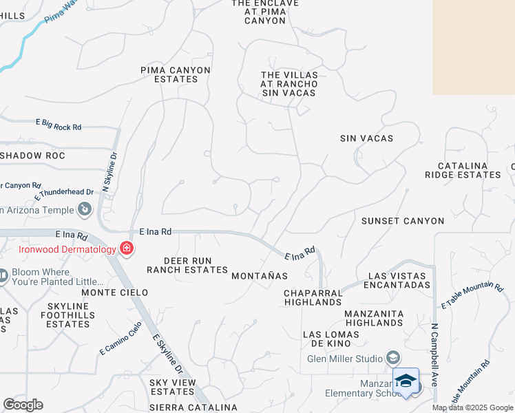 map of restaurants, bars, coffee shops, grocery stores, and more near 2301 East Ancient Mesa Lane in Tucson