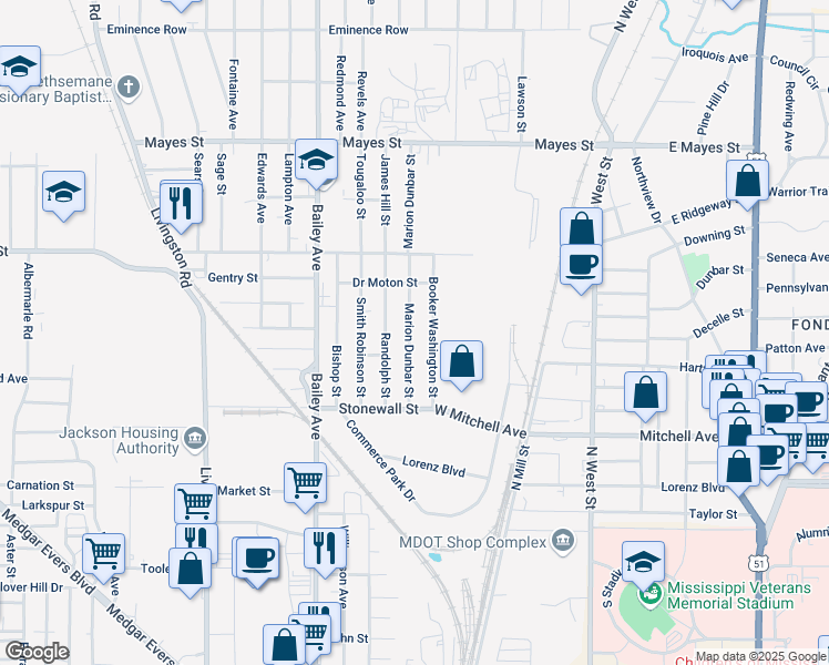 map of restaurants, bars, coffee shops, grocery stores, and more near 2924 Marion Dunbar Street in Jackson