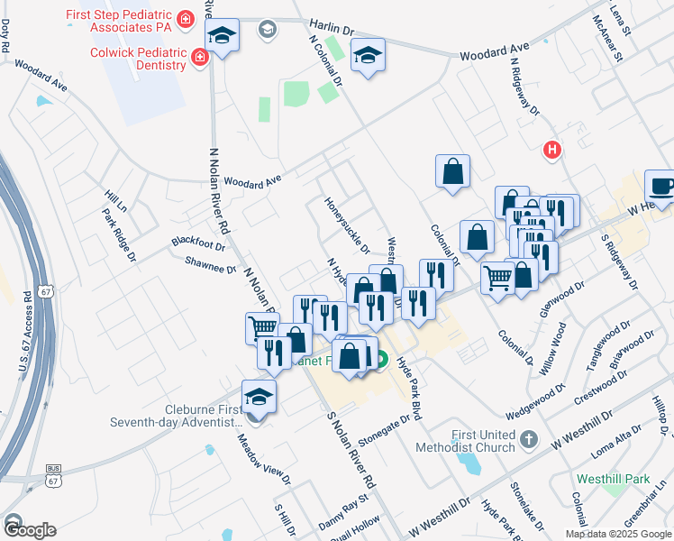map of restaurants, bars, coffee shops, grocery stores, and more near 300 North Hyde Park Boulevard in Cleburne