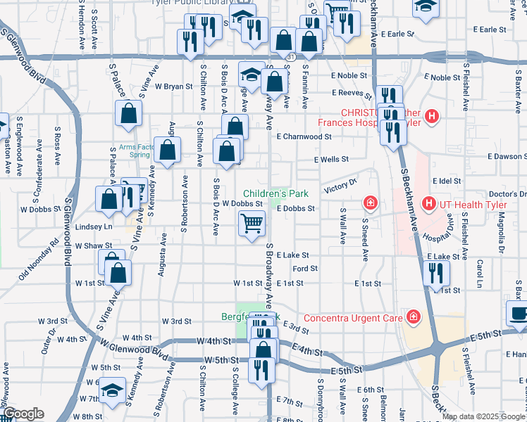 map of restaurants, bars, coffee shops, grocery stores, and more near 911 South Broadway Avenue in Tyler