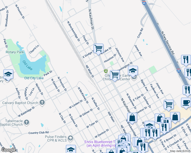 map of restaurants, bars, coffee shops, grocery stores, and more near 1306 Northeast Main Street in Ennis