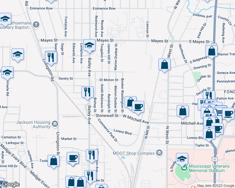 map of restaurants, bars, coffee shops, grocery stores, and more near 2924 Marion Dunbar Street in Jackson