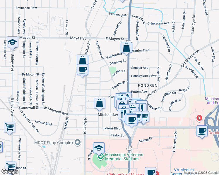 map of restaurants, bars, coffee shops, grocery stores, and more near 344 Decelle Street in Jackson