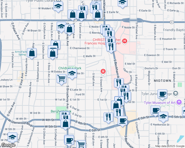 map of restaurants, bars, coffee shops, grocery stores, and more near 905 South Wall Avenue in Tyler