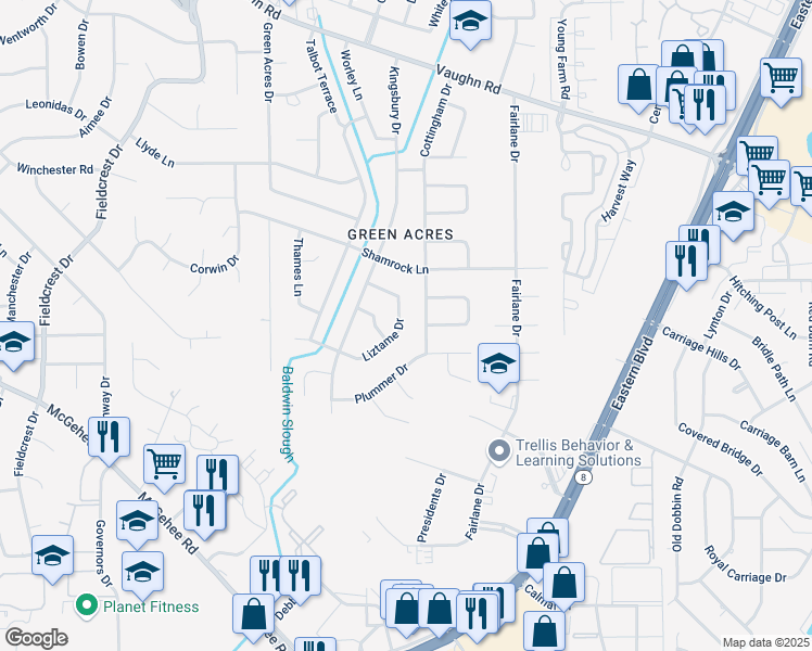 map of restaurants, bars, coffee shops, grocery stores, and more near 4337 Liztame Drive in Montgomery