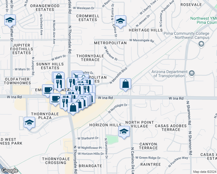 map of restaurants, bars, coffee shops, grocery stores, and more near 7256 North Meredith Place in Tucson