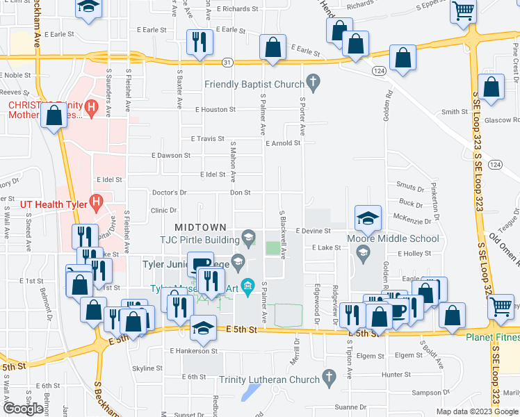 map of restaurants, bars, coffee shops, grocery stores, and more near 853 South Palmer Avenue in Tyler