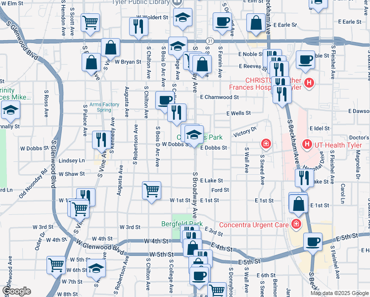 map of restaurants, bars, coffee shops, grocery stores, and more near 911 South Broadway Avenue in Tyler