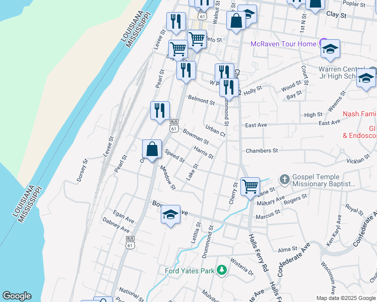 map of restaurants, bars, coffee shops, grocery stores, and more near 818 Harris Street in Vicksburg