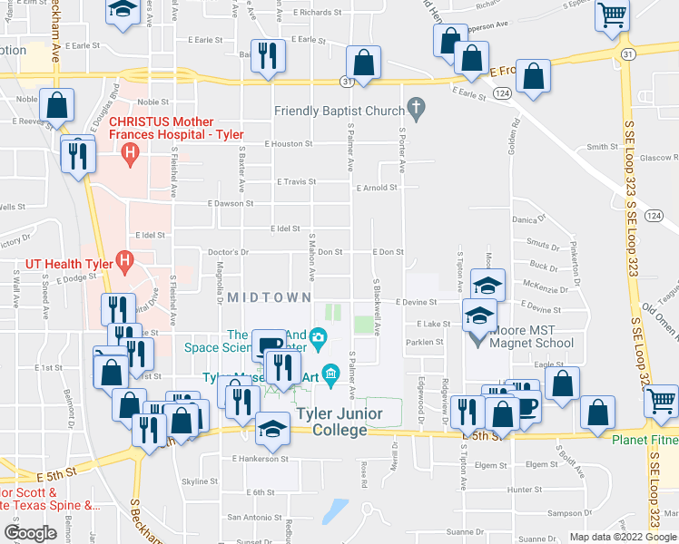 map of restaurants, bars, coffee shops, grocery stores, and more near 1528 East Plainview Street in Tyler
