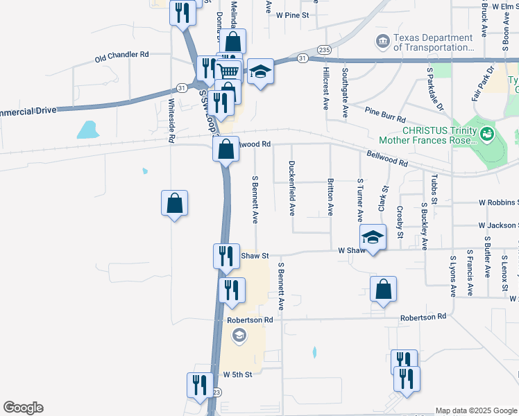 map of restaurants, bars, coffee shops, grocery stores, and more near 1019 South Bennett Avenue in Tyler