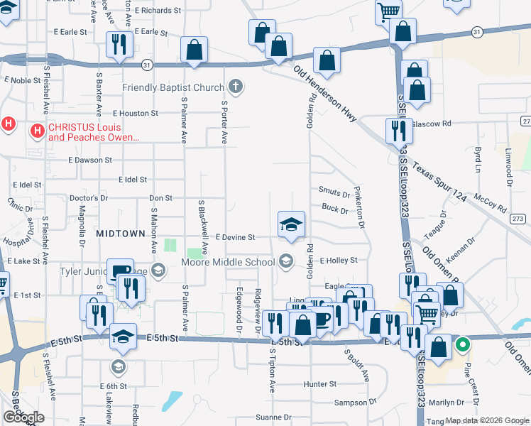 map of restaurants, bars, coffee shops, grocery stores, and more near 905 South Tipton Avenue in Tyler
