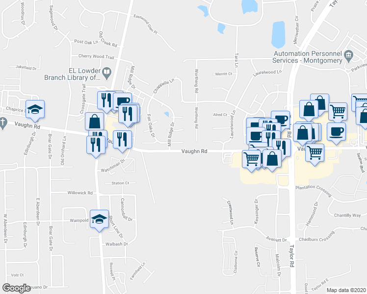 map of restaurants, bars, coffee shops, grocery stores, and more near 2824 Fair Oaks Drive in Montgomery