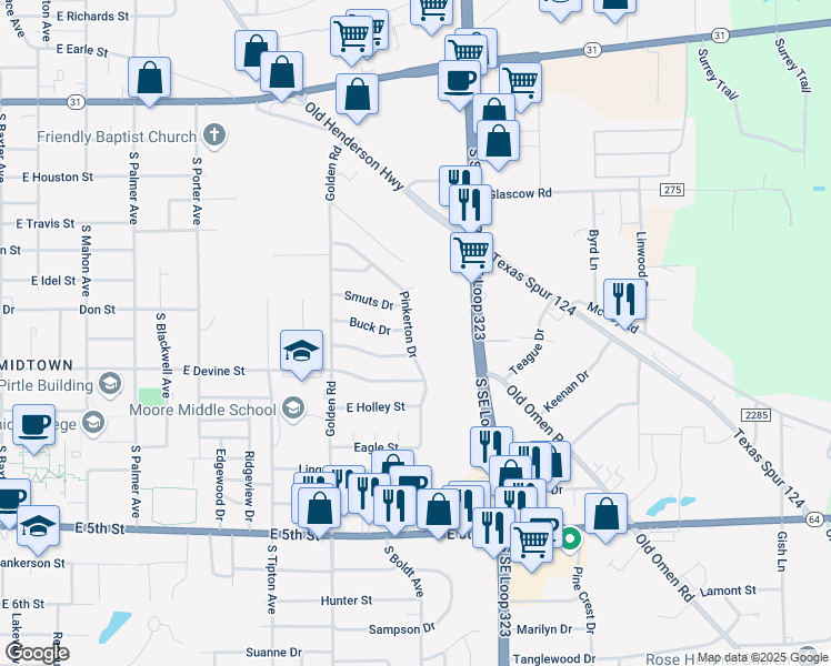 map of restaurants, bars, coffee shops, grocery stores, and more near 820 Pinkerton Drive in Tyler