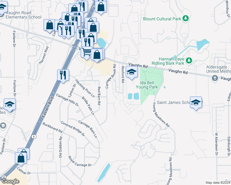 map of restaurants, bars, coffee shops, grocery stores, and more near 5748 Worchester Drive in Montgomery