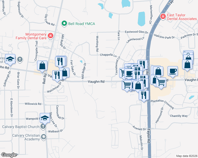 map of restaurants, bars, coffee shops, grocery stores, and more near 1673 Worthing Road in Montgomery
