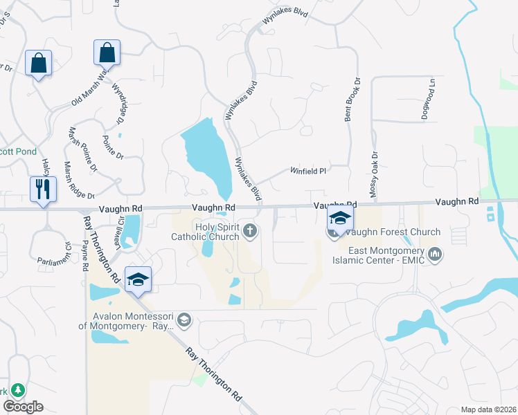 map of restaurants, bars, coffee shops, grocery stores, and more near Vaughn Road in Montgomery
