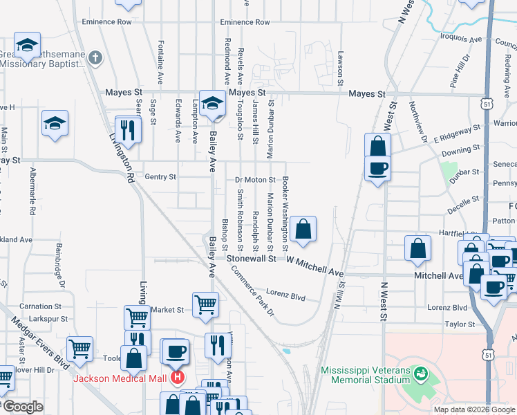 map of restaurants, bars, coffee shops, grocery stores, and more near 2922 Smith Robinson Street in Jackson