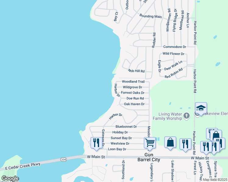 map of restaurants, bars, coffee shops, grocery stores, and more near 114 Harbor Drive in Gun Barrel City