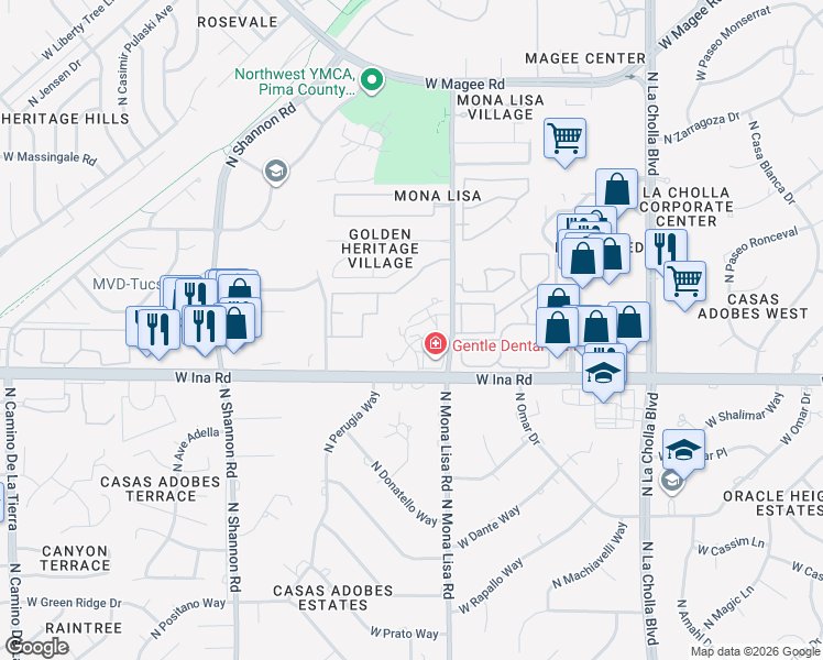 map of restaurants, bars, coffee shops, grocery stores, and more near 7425 North Mona Lisa Road in Tucson