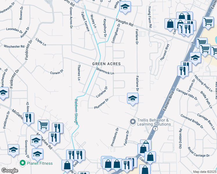map of restaurants, bars, coffee shops, grocery stores, and more near 4337 Liztame Drive in Montgomery