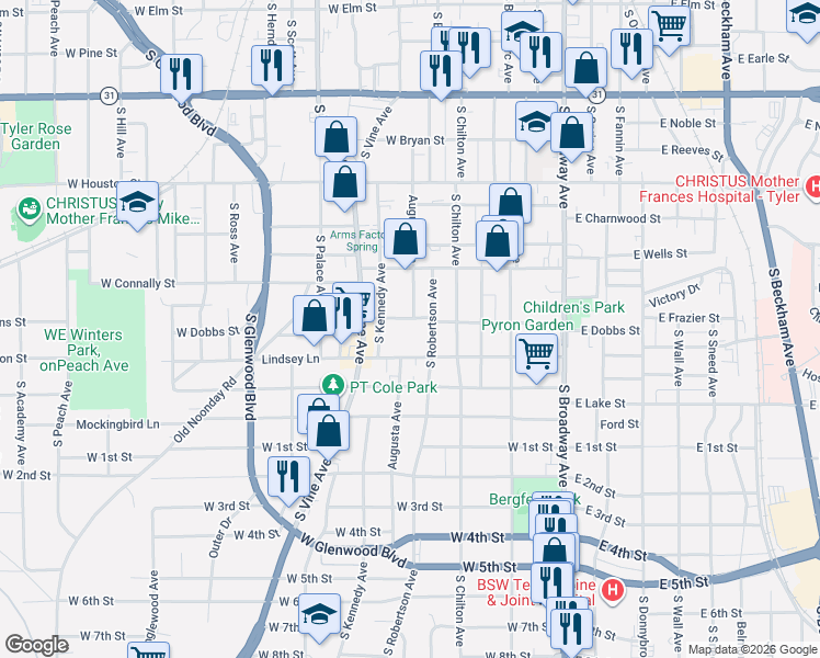map of restaurants, bars, coffee shops, grocery stores, and more near 613 Lindsey Lane in Tyler