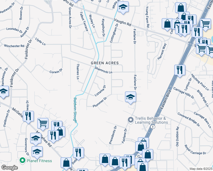 map of restaurants, bars, coffee shops, grocery stores, and more near 4337 Liztame Drive in Montgomery