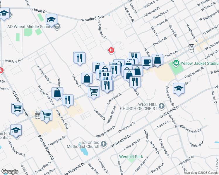 map of restaurants, bars, coffee shops, grocery stores, and more near Municipal Drive in Cleburne