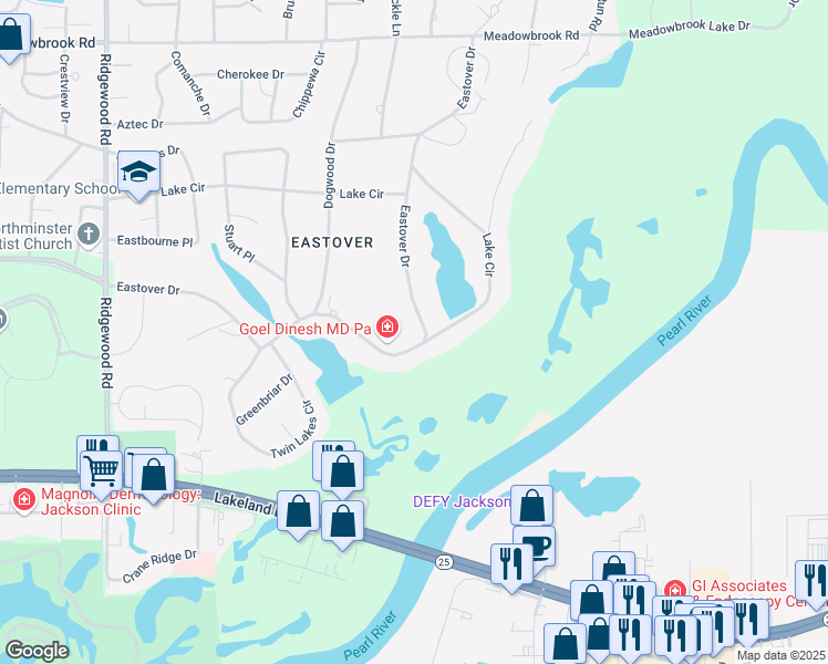 map of restaurants, bars, coffee shops, grocery stores, and more near 3836 Eastover Drive in Jackson