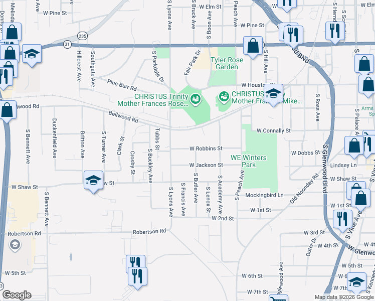 map of restaurants, bars, coffee shops, grocery stores, and more near 2109 West Jackson Street in Tyler