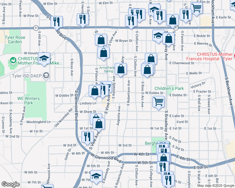 map of restaurants, bars, coffee shops, grocery stores, and more near 613 Lindsey Lane in Tyler