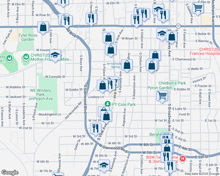 map of restaurants, bars, coffee shops, grocery stores, and more near 916 S Palace Ave in Tyler