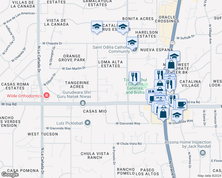 map of restaurants, bars, coffee shops, grocery stores, and more near 923 West Wanda Vista Place in Tucson