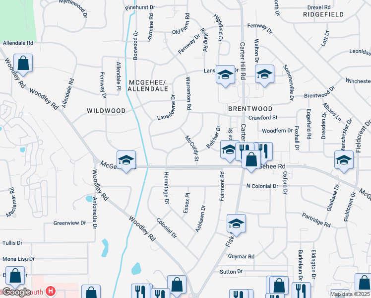 map of restaurants, bars, coffee shops, grocery stores, and more near 2515-2521 Hermitage Drive in Montgomery