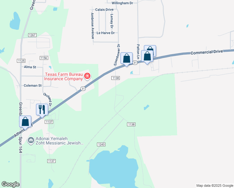 map of restaurants, bars, coffee shops, grocery stores, and more near 9129 County Road 1138 in Tyler