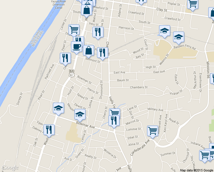 map of restaurants, bars, coffee shops, grocery stores, and more near 2212 Cherry St in Vicksburg