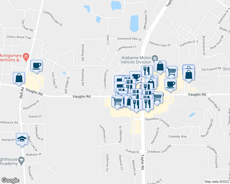 map of restaurants, bars, coffee shops, grocery stores, and more near 1737 Meadow Oak Court in Montgomery