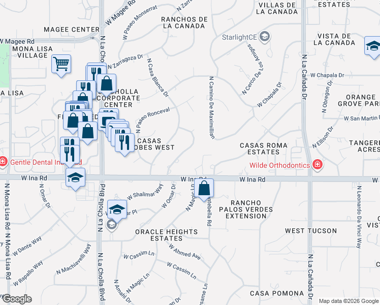 map of restaurants, bars, coffee shops, grocery stores, and more near 7278 North Pso Montalban in Tucson