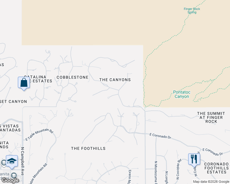 map of restaurants, bars, coffee shops, grocery stores, and more near 7301 North Secret Canyon Drive in Tucson