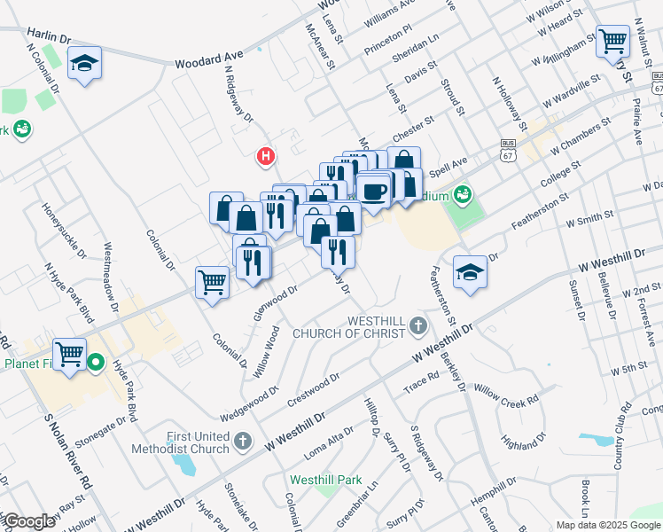 map of restaurants, bars, coffee shops, grocery stores, and more near 201 South Ridgeway Drive in Cleburne