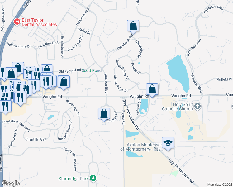 map of restaurants, bars, coffee shops, grocery stores, and more near Vaughn Road in Montgomery