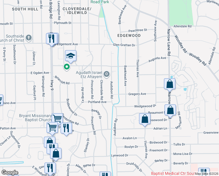 map of restaurants, bars, coffee shops, grocery stores, and more near 1001-1049 Gregory Avenue in Montgomery