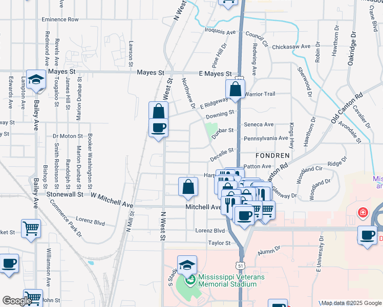 map of restaurants, bars, coffee shops, grocery stores, and more near 3405 Downing Street in Jackson