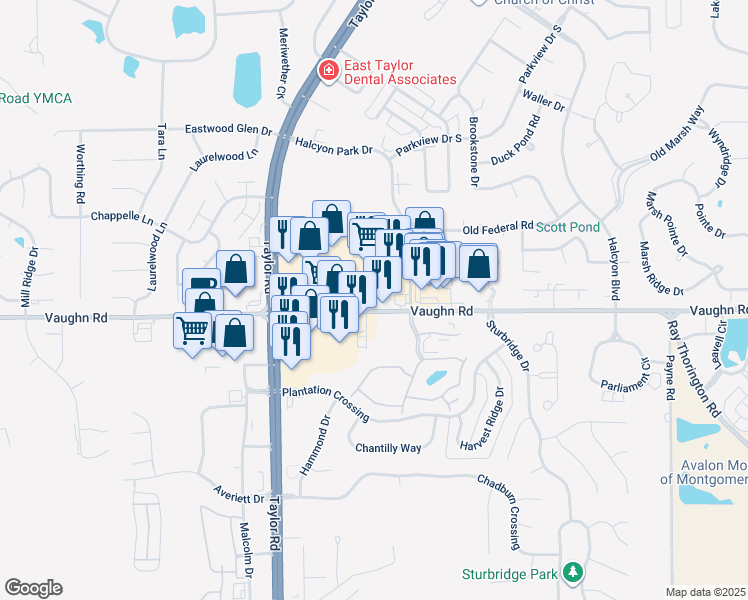 map of restaurants, bars, coffee shops, grocery stores, and more near 8065 Vaughn Road in Montgomery