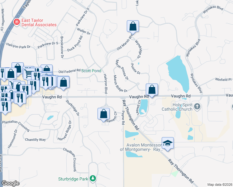 map of restaurants, bars, coffee shops, grocery stores, and more near Vaughn Road in Montgomery
